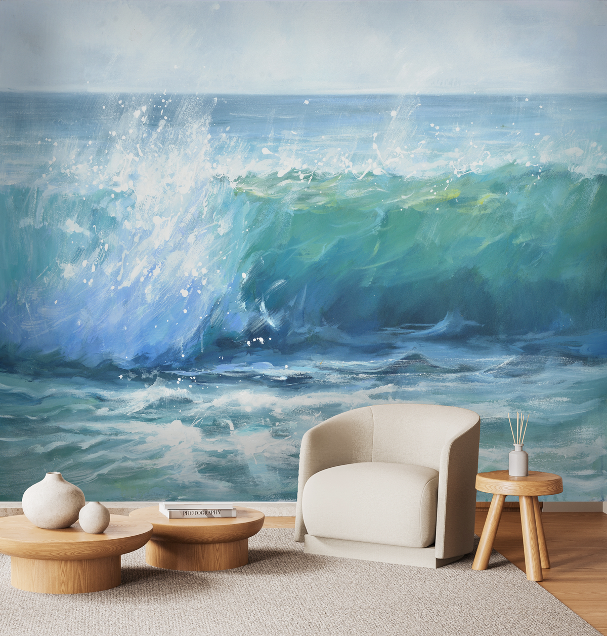 Living room with a large ocean wave mural on the wall.
