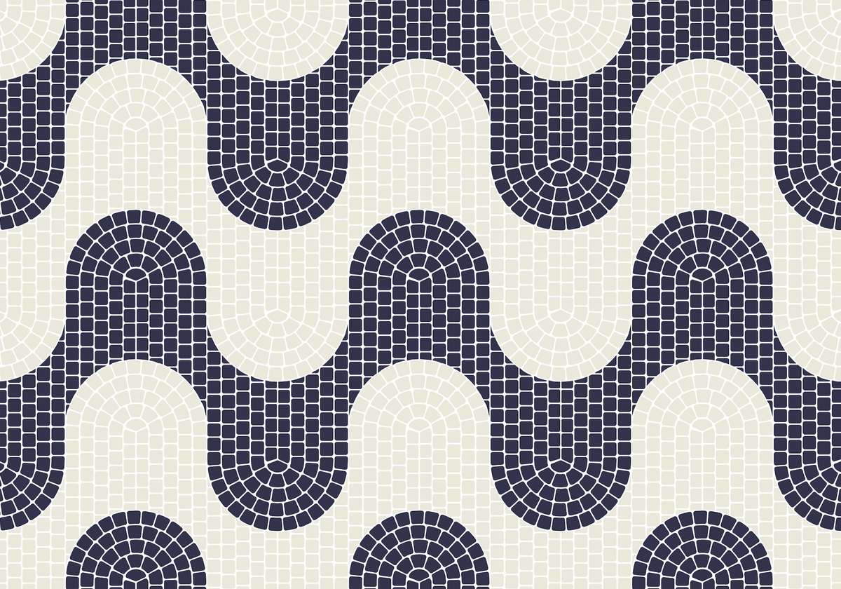 Pattern of blue and white curved tiles on a white background