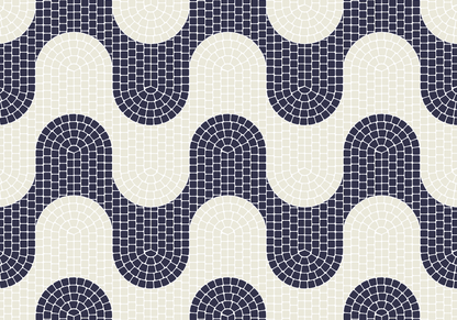 Pattern of blue and white curved tiles on a white background