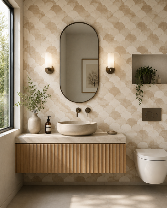 Modern bathroom with wooden vanity, oval mirror, and decorative elements.