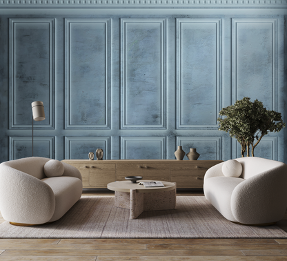 A 3D paneling mural featuring an abstract design with geometric shapes in a blue and beige color palette, displayed on a wall in a room with modern furniture.