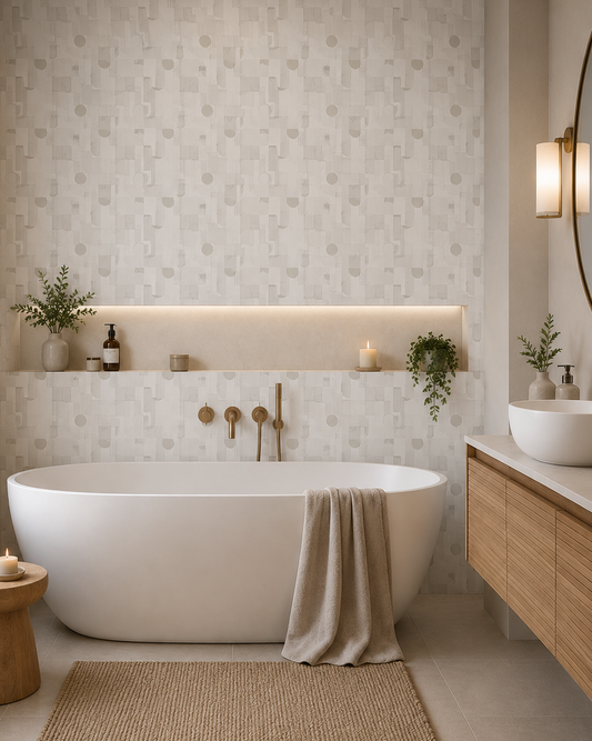 Modern bathroom with a freestanding bathtub, wooden cabinet, and decorative elements.