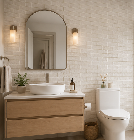 Modern bathroom with wooden vanity, round mirror, and white toilet.