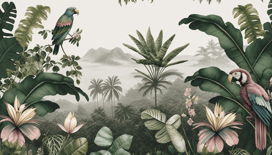 A tropical jungle scene artwork with large green leaves, pink flowers, and two colorful parrots perched among the foliage against a misty light background.