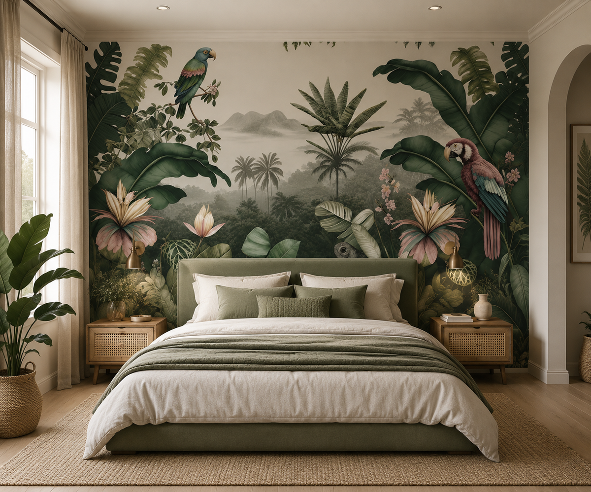 A large tropical jungle wall mural featuring parrots, palm trees, and large green leaves behind a neatly made bed in a styled bedroom.
