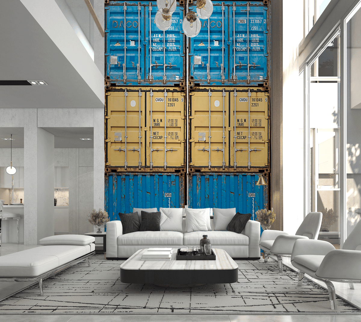 Modern living room with a unique wall design featuring stacked shipping containers.