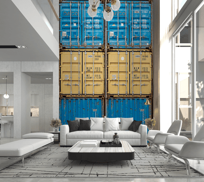 Modern living room with a unique wall design featuring stacked shipping containers.