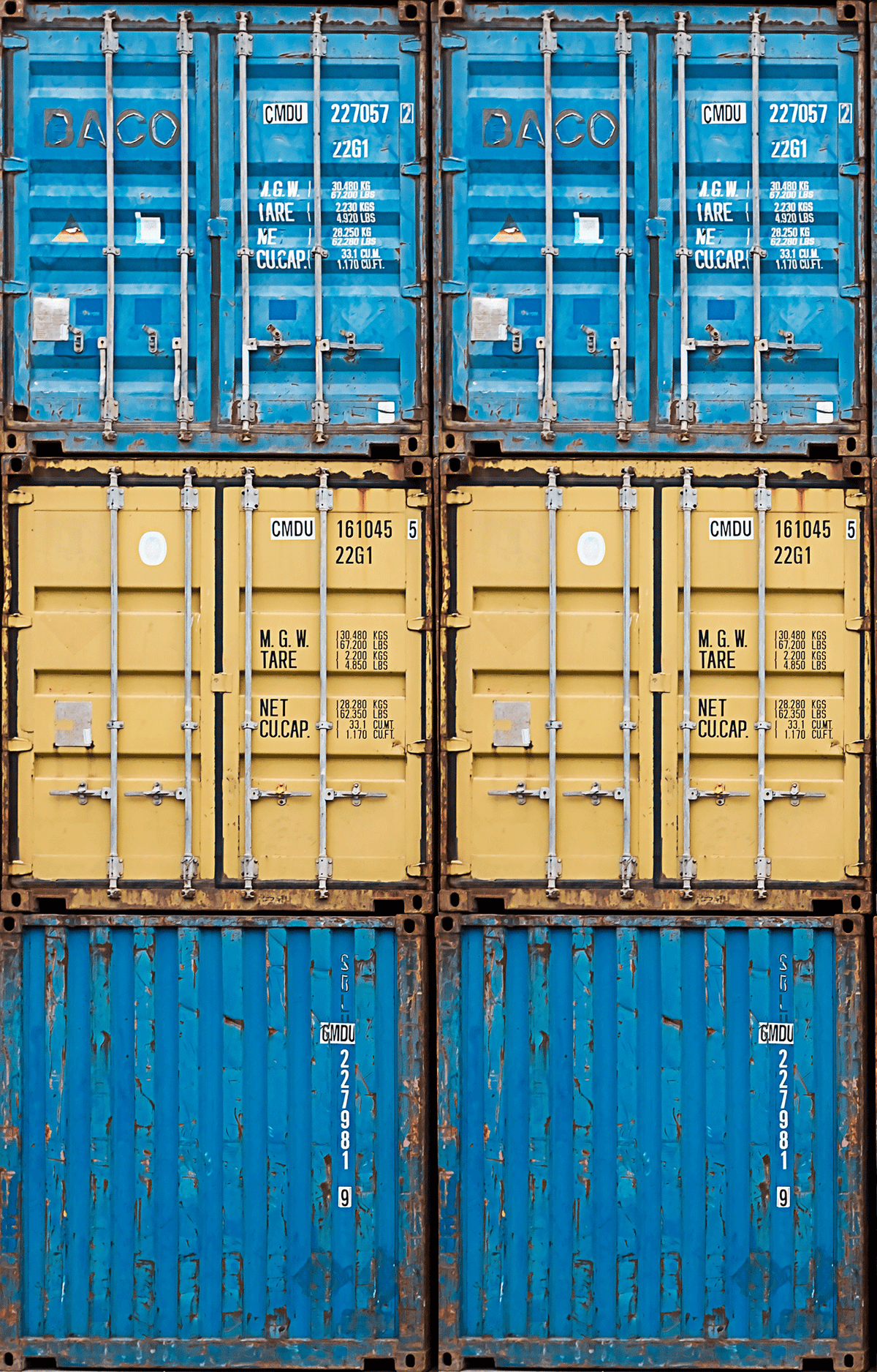 Stack of blue and yellow shipping containers with visible labels.