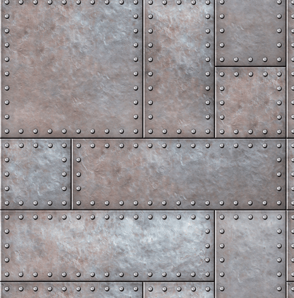 Metallic panel with rivets and a textured surface