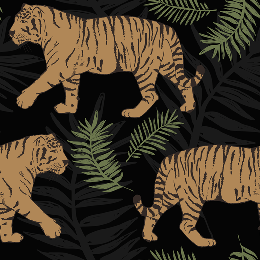 Tiger illustrations with tropical leaves on a dark background