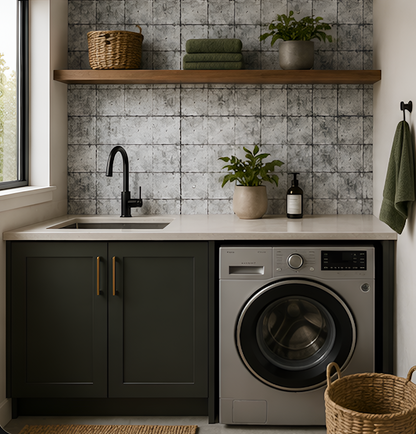 Modern laundry room with washing machine, sink, and shelves.