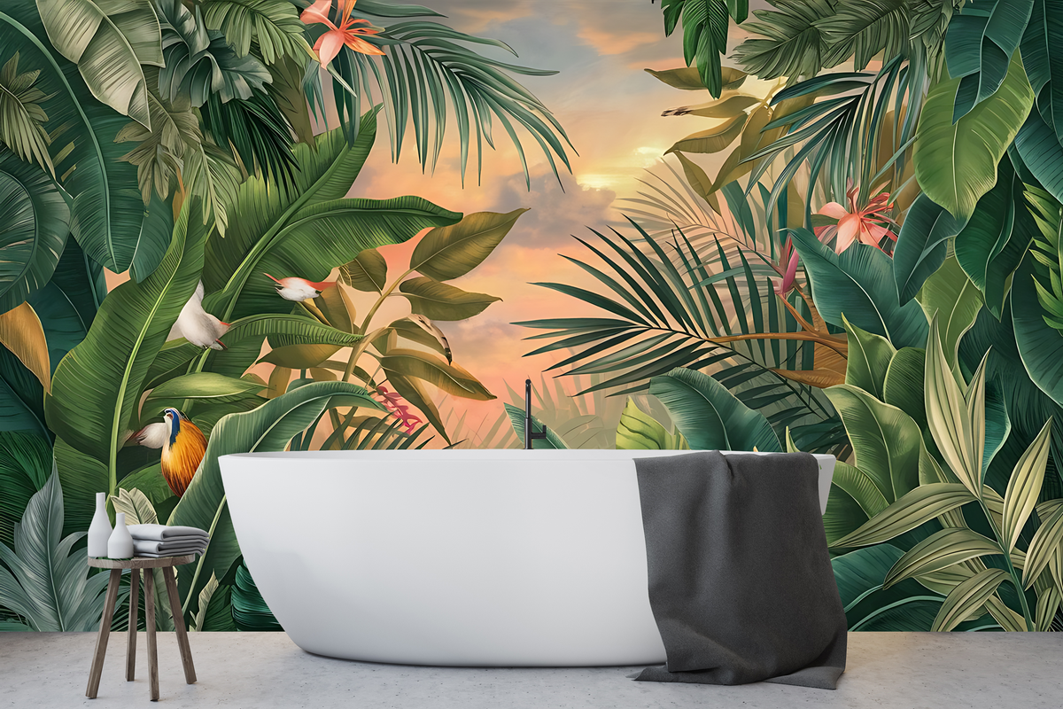 Tropical leaf wallpaper with a white bathtub and stool in the foreground