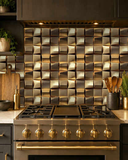 Modern kitchen with a metallic backsplash and stove.