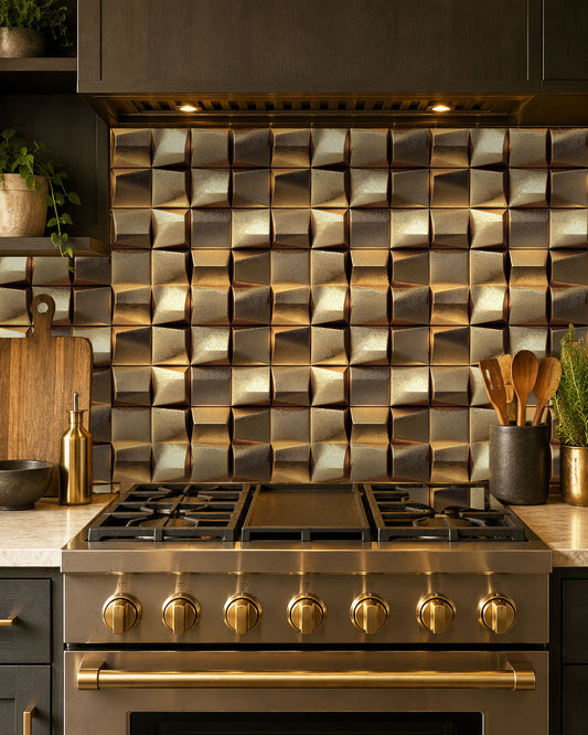 Modern kitchen with a metallic backsplash and stove.