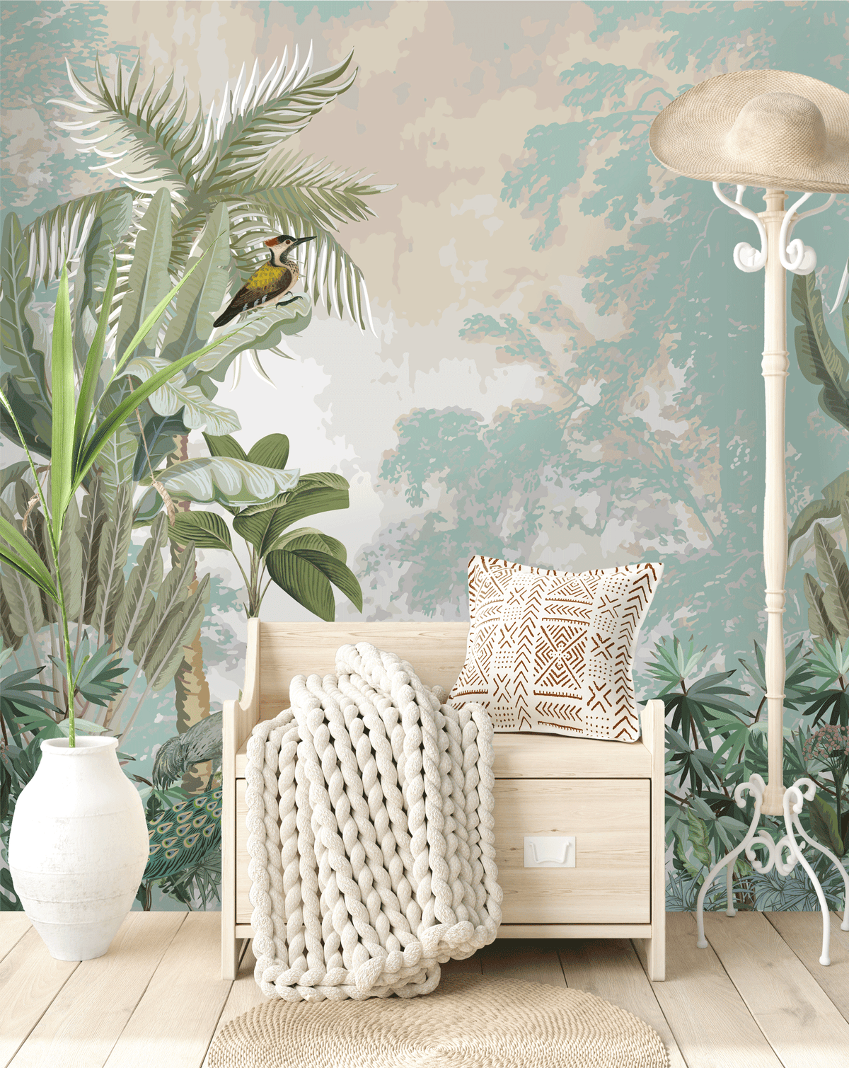 Room interior with a wooden bench, decorative pillow, and plant against a tropical-themed wallpaper.
