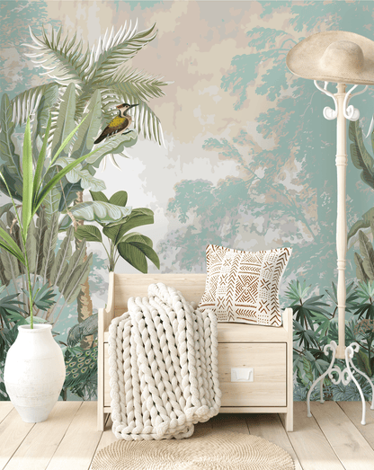 Room interior with a wooden bench, decorative pillow, and plant against a tropical-themed wallpaper.
