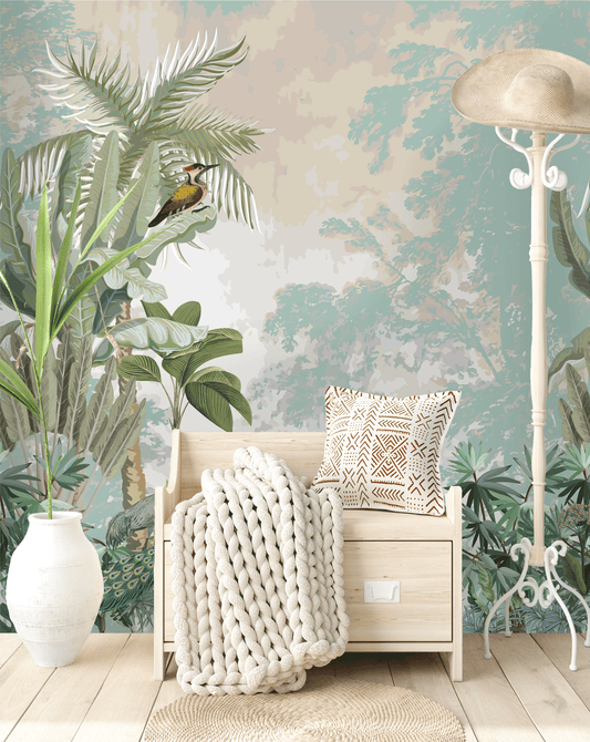 Room interior with a wooden bench, decorative pillow, and plant against a tropical-themed wallpaper.