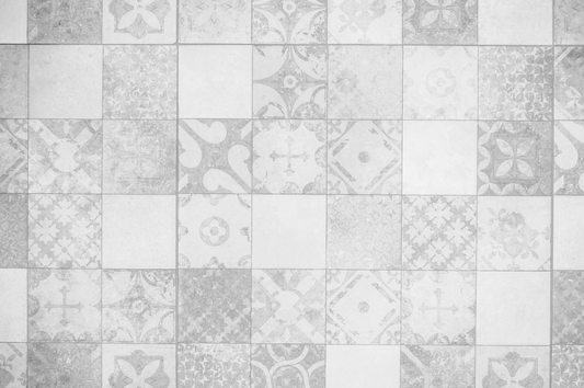Patterned tiles in gray and white