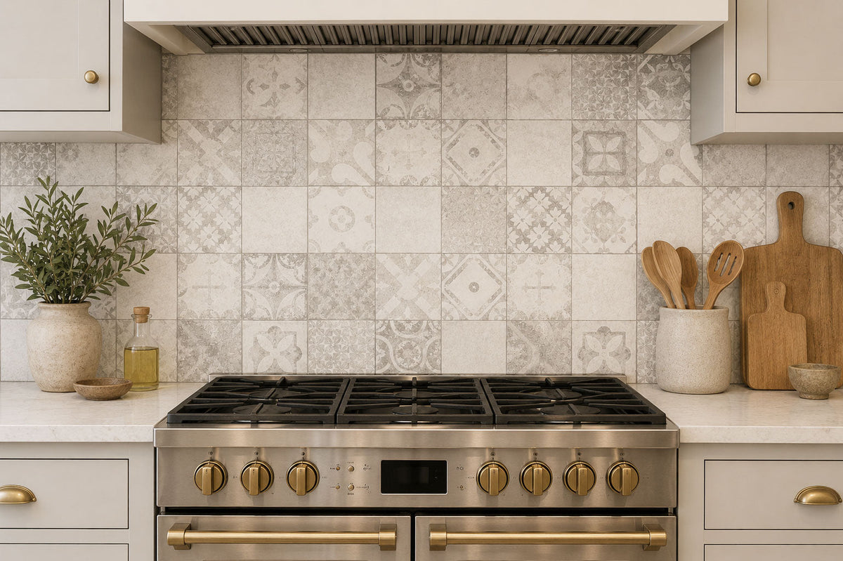 Modern kitchen with a stainless steel stove against a patterned tile backsplash.