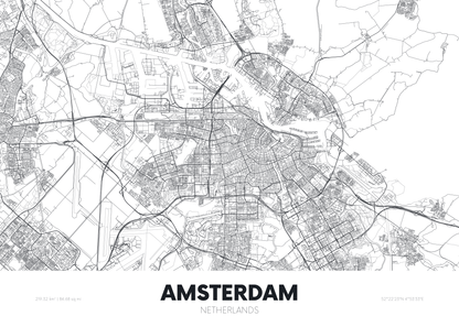 Black and white map of Amsterdam, Netherlands