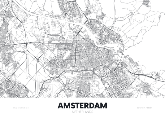 Black and white map of Amsterdam, Netherlands