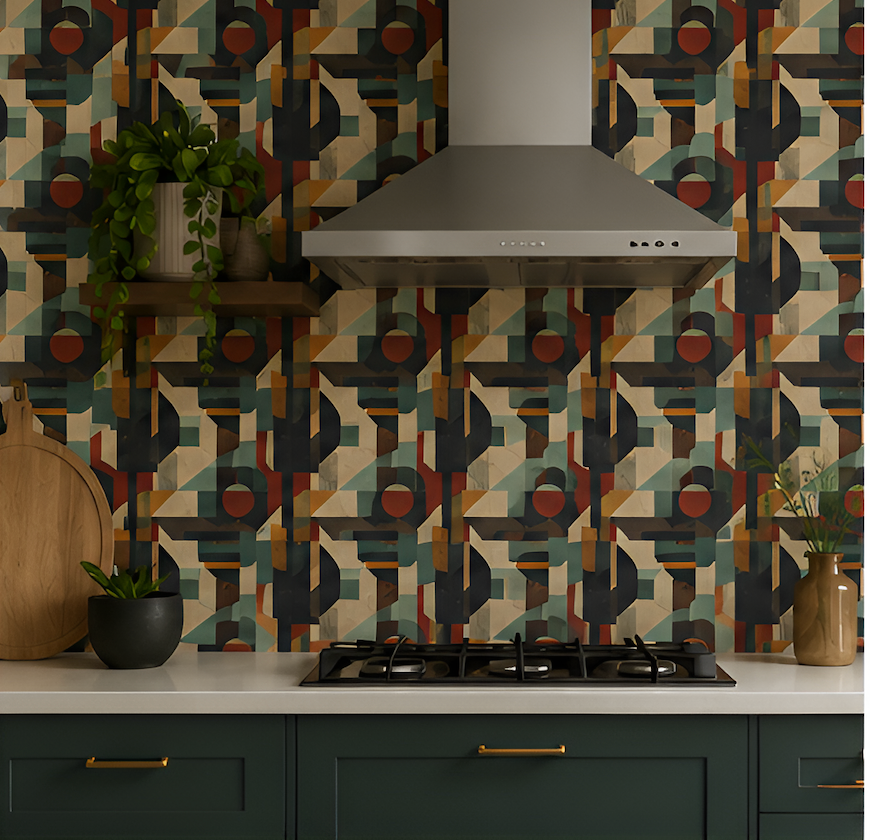 Modern kitchen with geometric patterned wallpaper, stove, and decorative items.