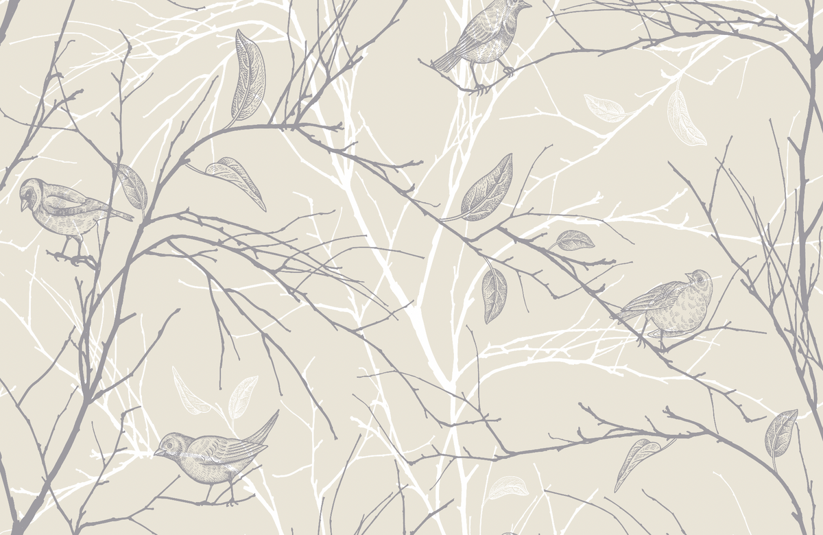 Pattern of birds and branches on a light background