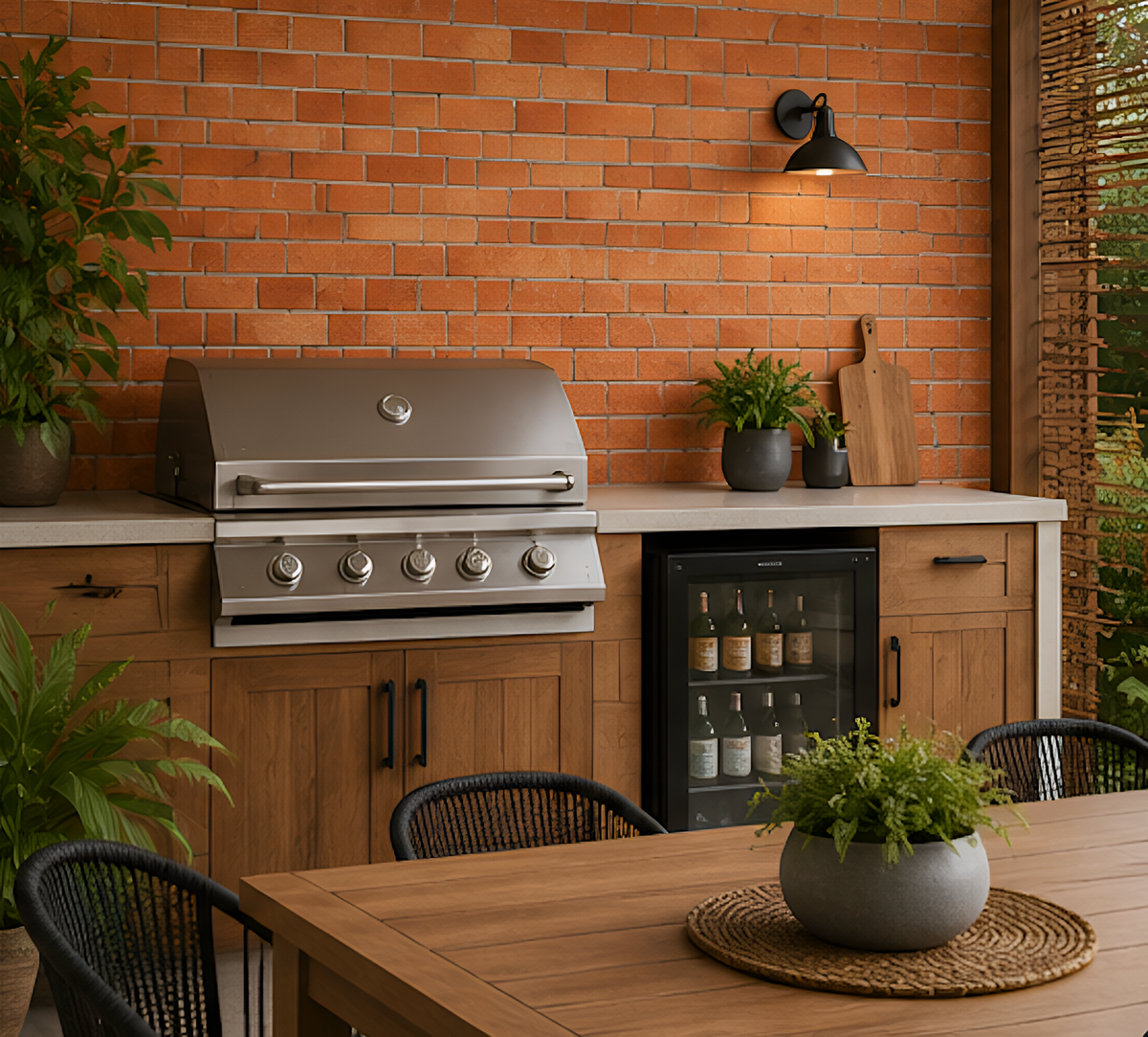Outdoor kitchen with grill, refrigerator, and dining table against a brick wall.