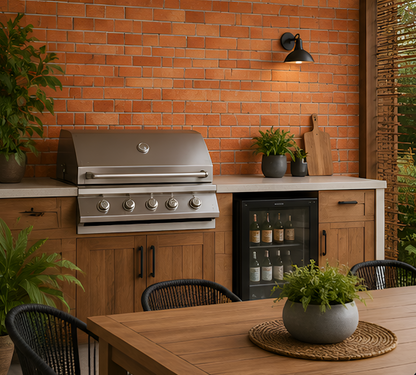 Outdoor kitchen with grill, refrigerator, and dining table against a brick wall.