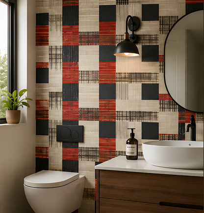 Modern bathroom with checkered wall tiles, sink, and toilet.