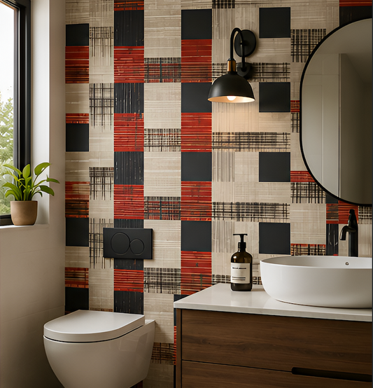 Modern bathroom with checkered wall tiles, sink, and toilet.