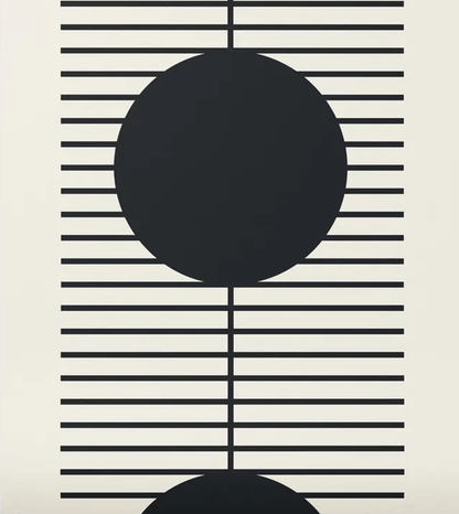 Abstract art with black circle and intersecting lines on a white background