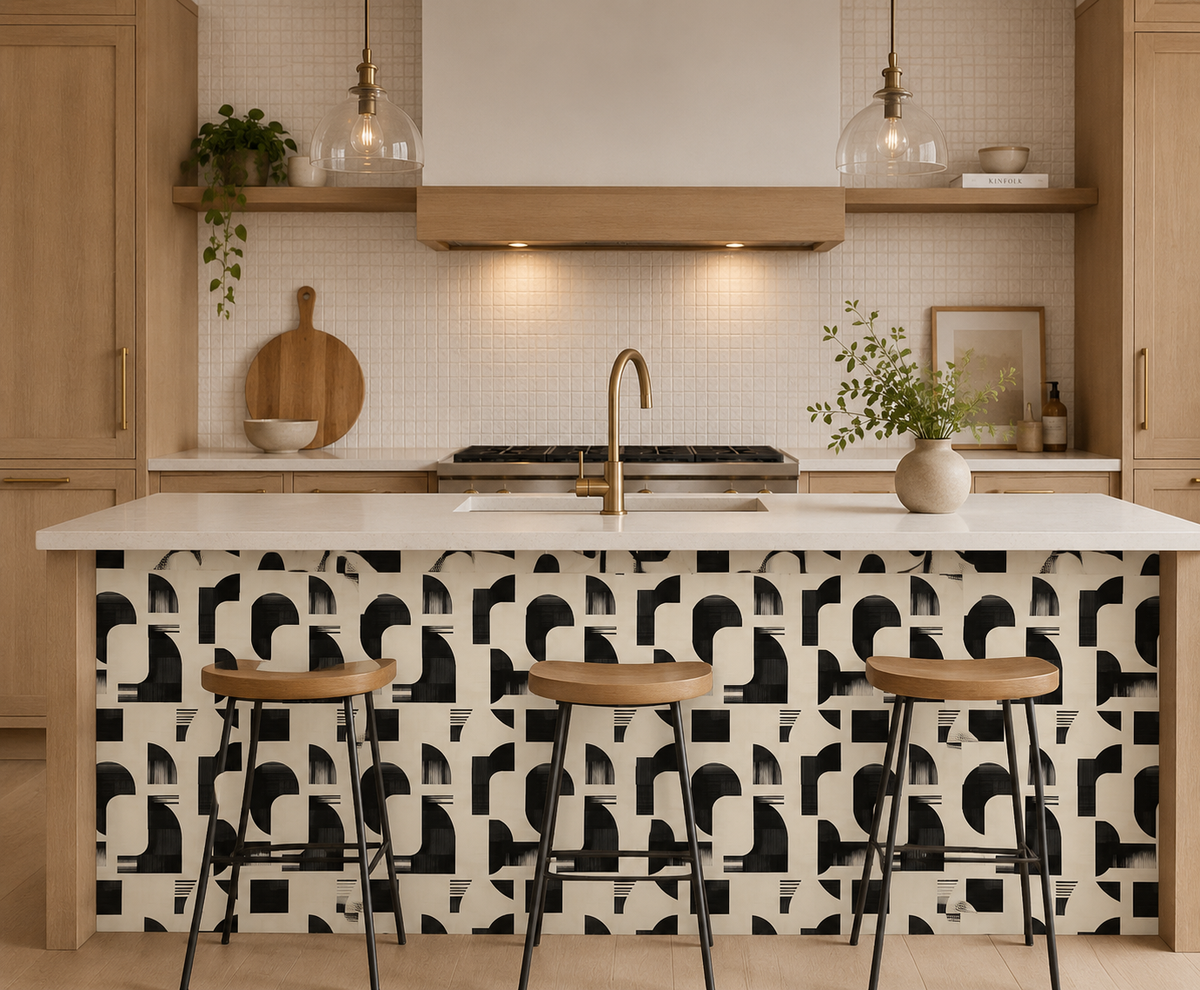 Modern kitchen with geometric patterned backsplash, wooden stools, and white countertops.