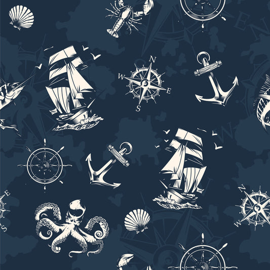 Nautical pattern with ships, anchors, compasses, and octopuses on a dark blue background.