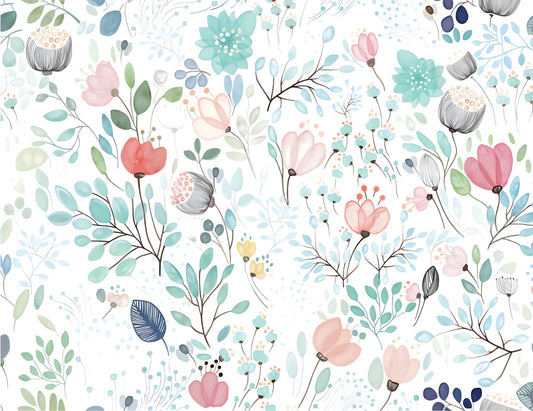Floral pattern with pink, blue, and green flowers on a light background