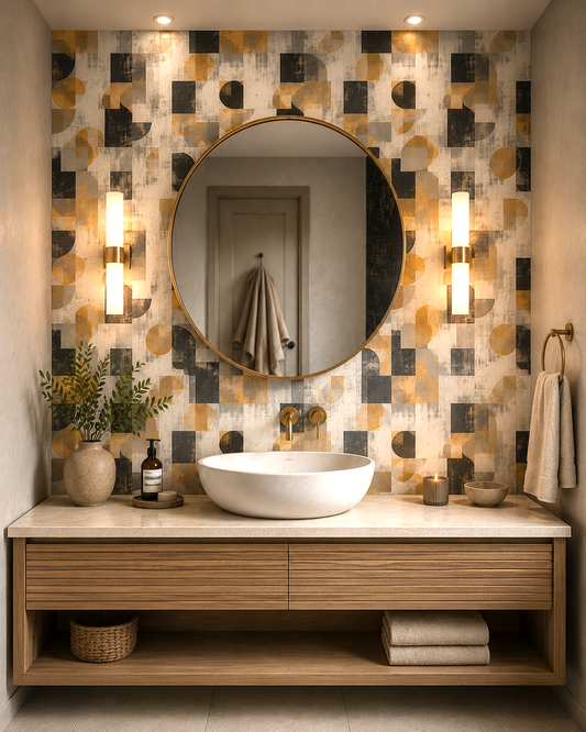 Bathroom with wooden vanity, round mirror, and patterned wall tiles.