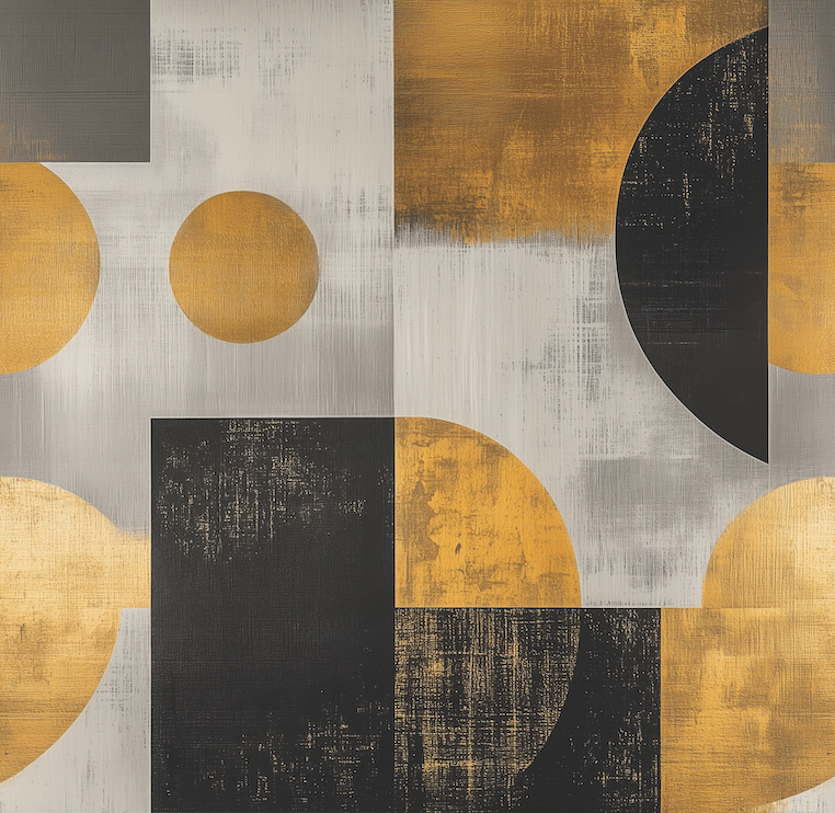 Abstract art with geometric shapes in gold, black, and gray on a textured background