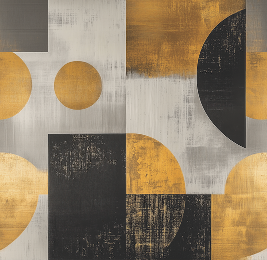 Abstract art with geometric shapes in gold, black, and gray on a textured background