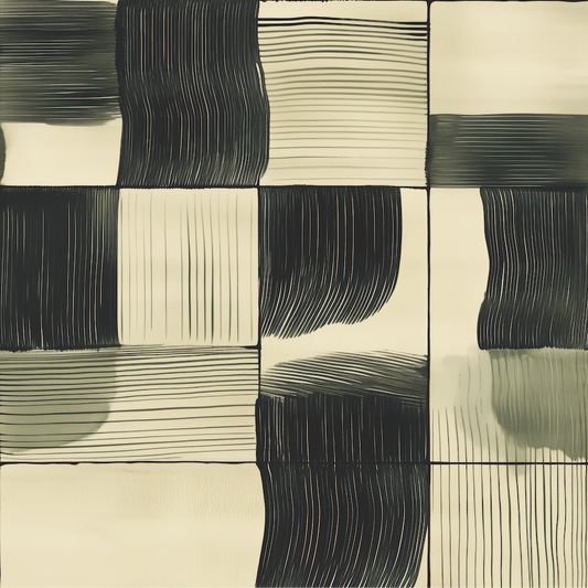Abstract art piece with black and white wavy lines on a beige background