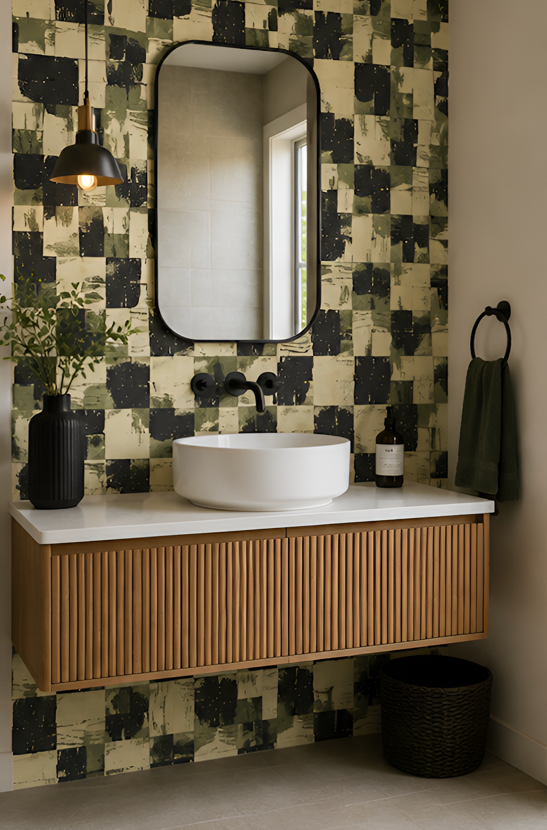 Bathroom with wooden vanity, white sink, and patterned wall tiles.