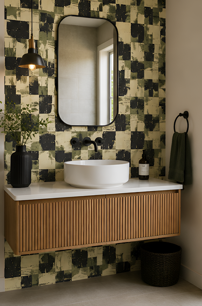 Bathroom with wooden vanity, white sink, and patterned wall tiles.